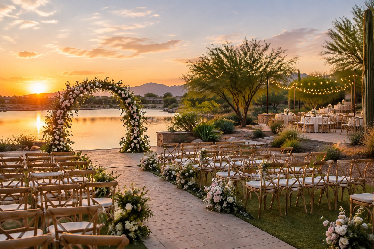 A wedding ceremony setup beside a lake with an arch, chairs, flowers, and reception tables.