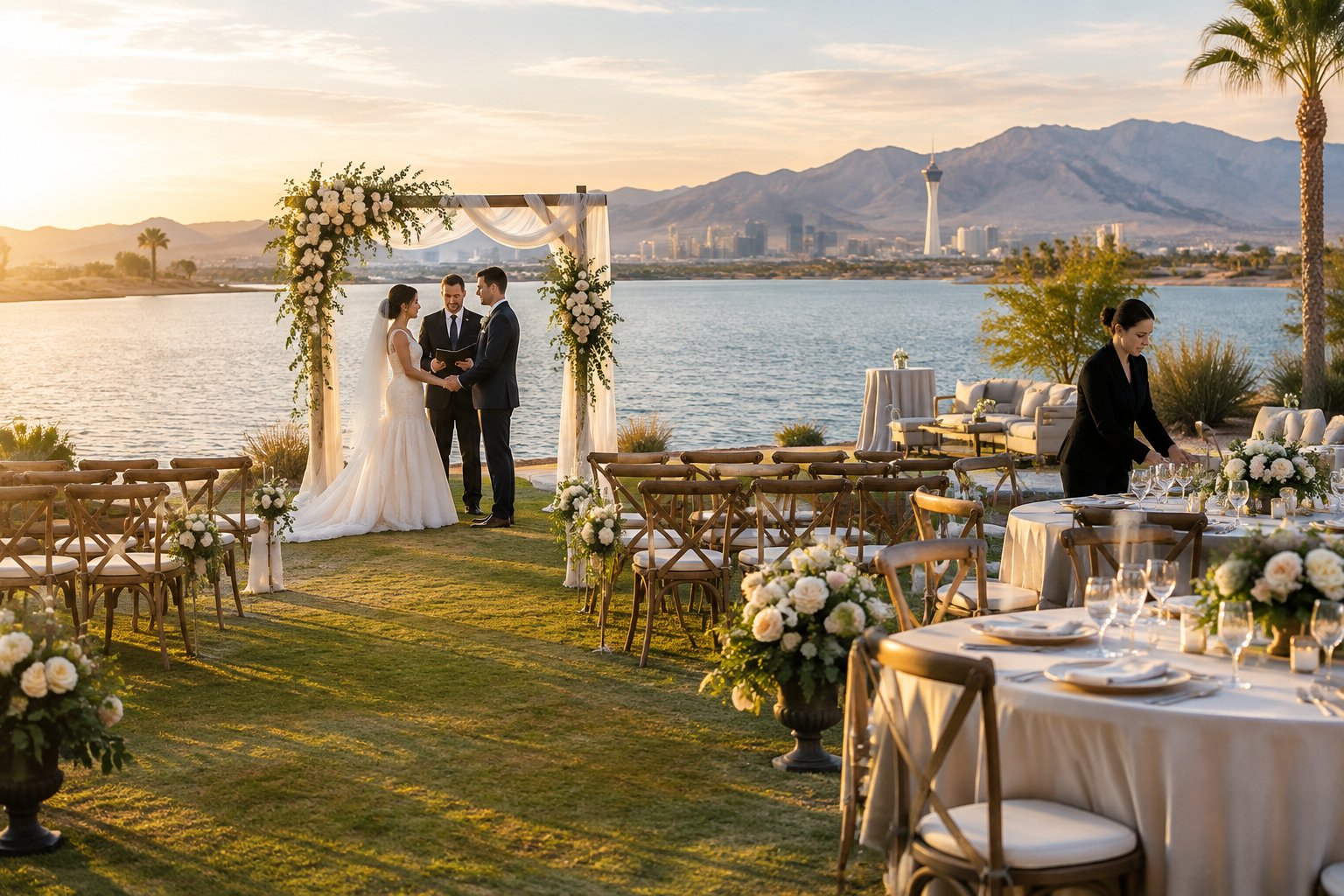A decorated lakeside wedding ceremony and reception setup with a coordinator nearby.