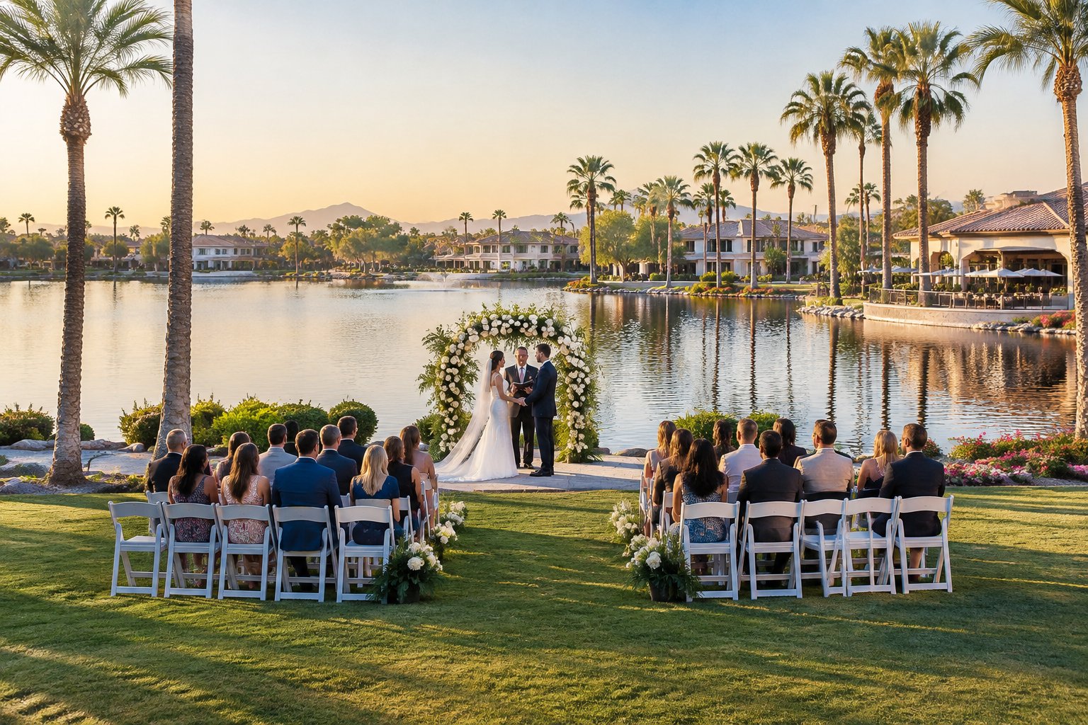 A couple and guests gather for a lakeside wedding ceremony.