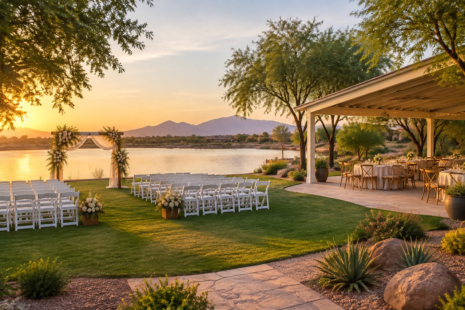 A lakeside wedding ceremony and reception setup beside a pavilion.