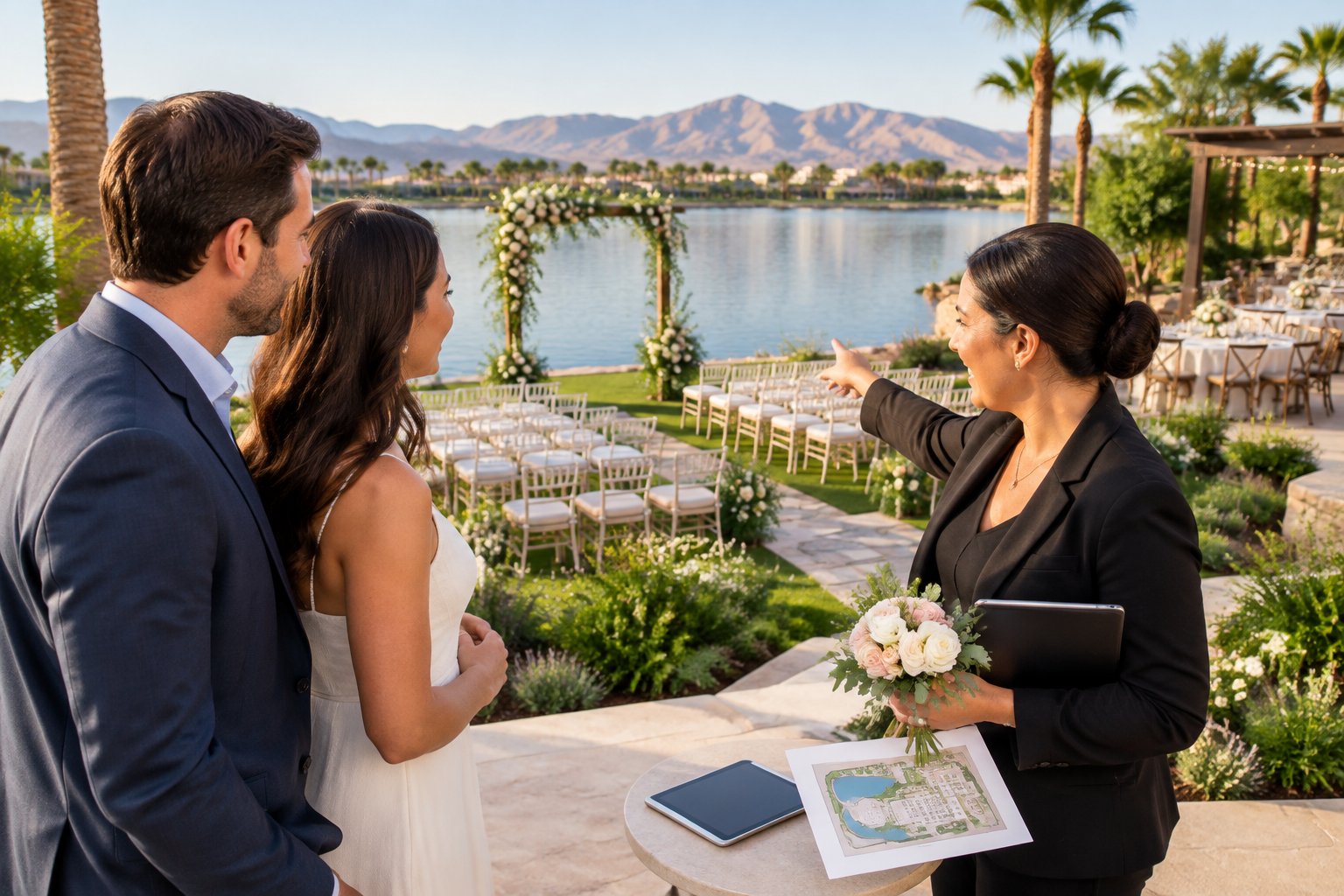A wedding coordinator discusses a lakeside ceremony setup with a couple.