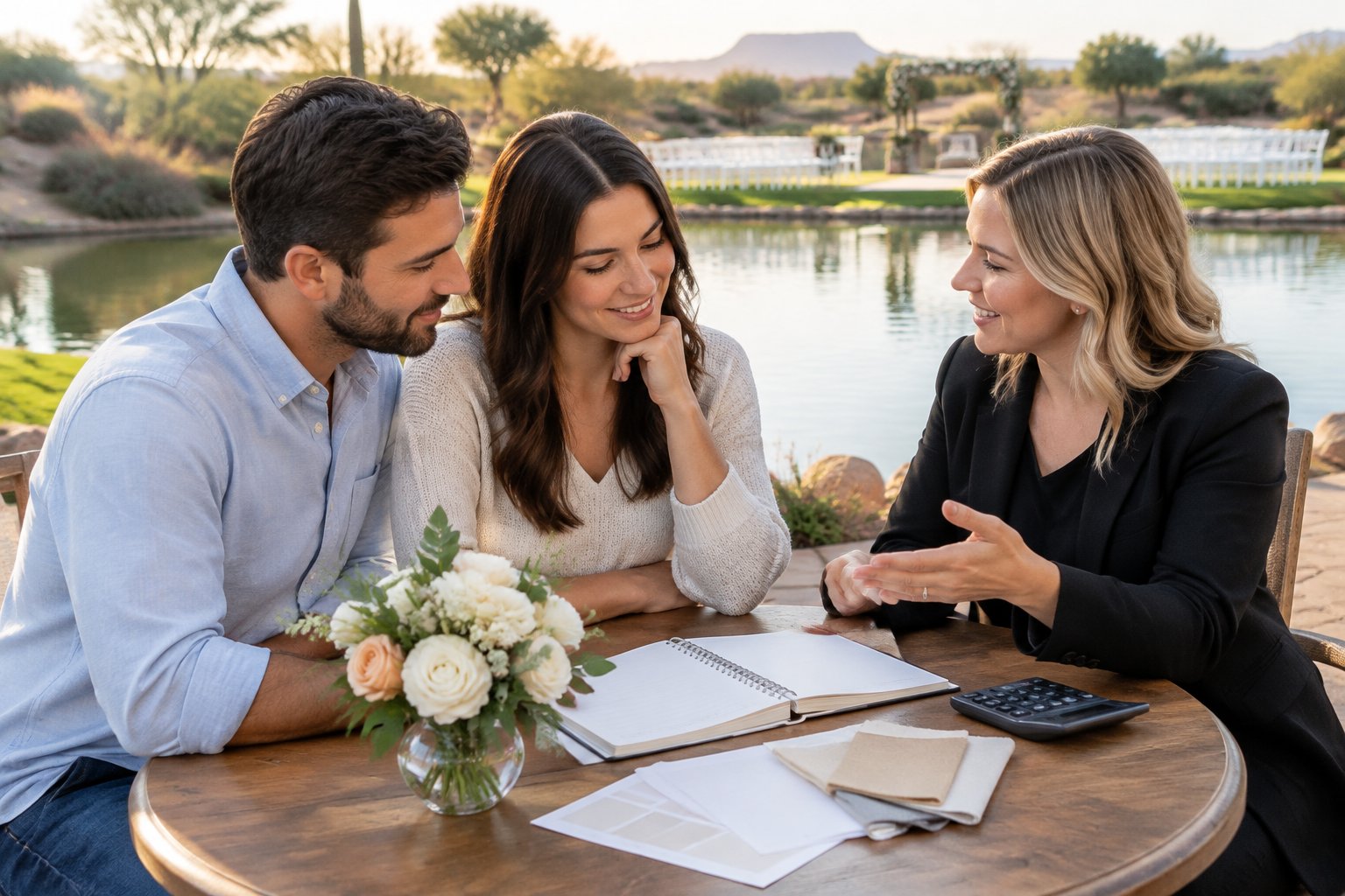 A couple reviews wedding plans with a venue coordinator beside a lake.