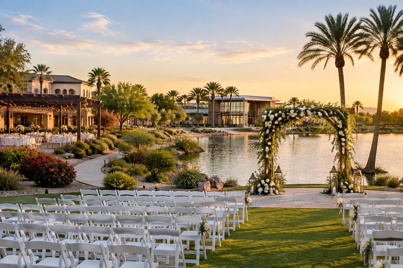 An outdoor wedding ceremony beside a lake, with an arch, white chairs, and landscaped grounds.
