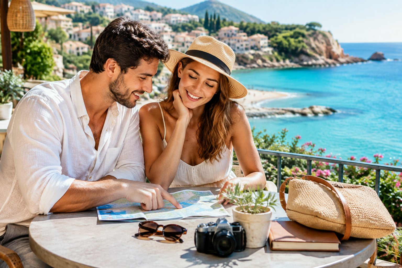 A newlywed couple shares a relaxed moment at a seaside café overlooking the beach.