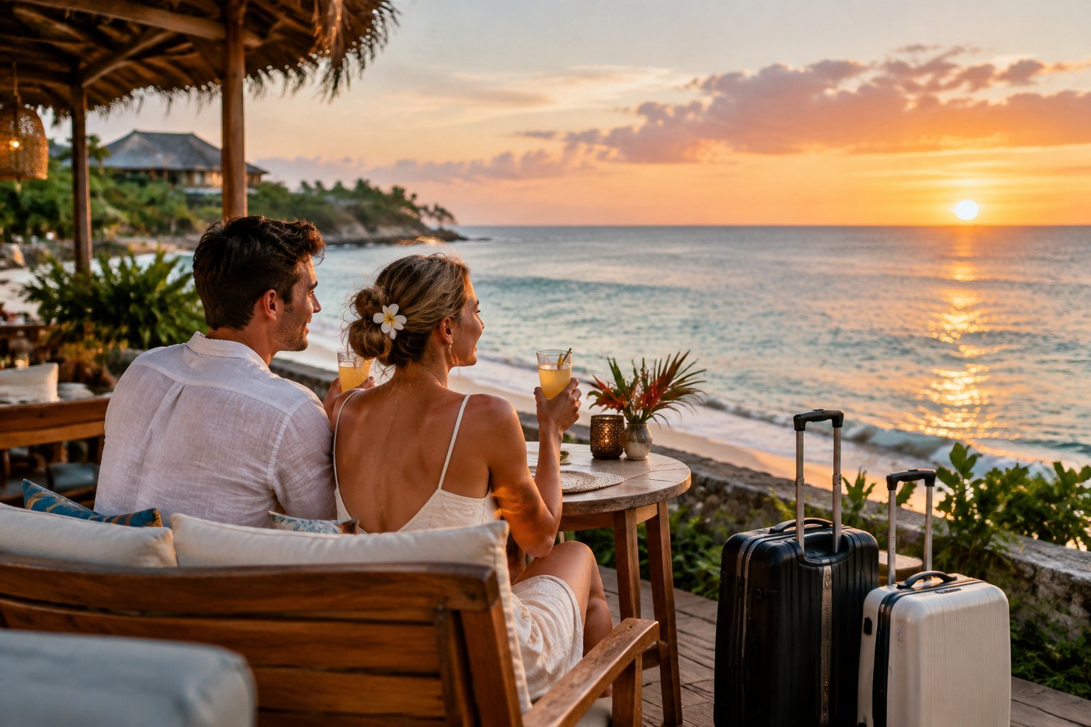 A newlywed couple relaxes together at a seaside café overlooking the ocean.
