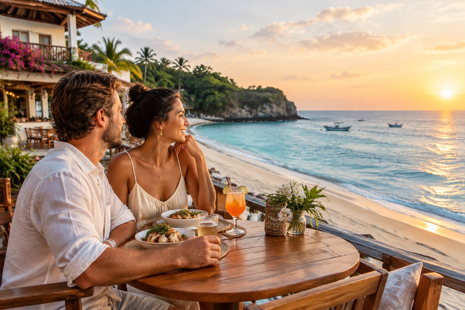 A newlywed couple shares a meal at a seaside café overlooking a tropical beach.