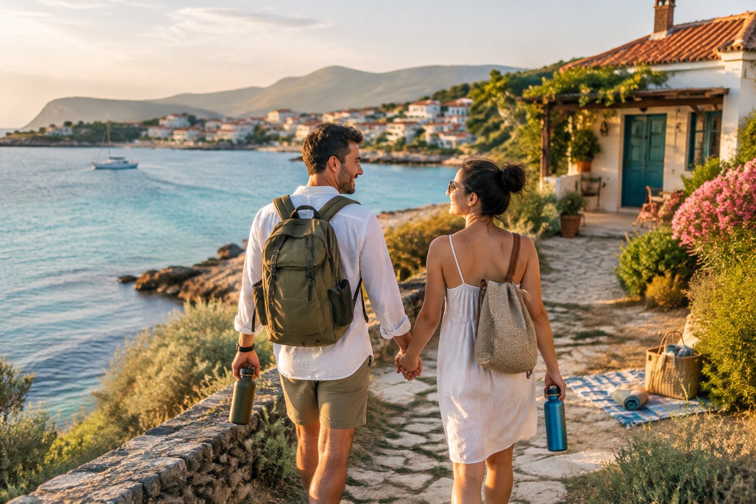 A newlywed couple walks hand in hand along a sunny coastal path.