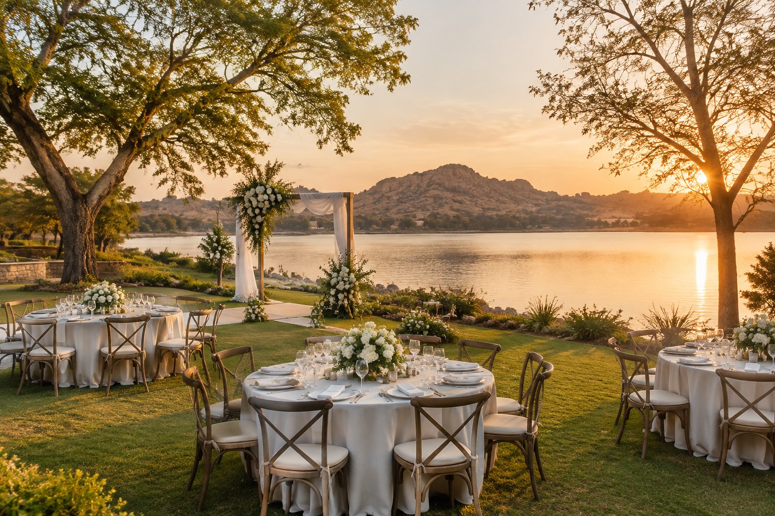 A wedding reception set beside a lake in Bulawayo.