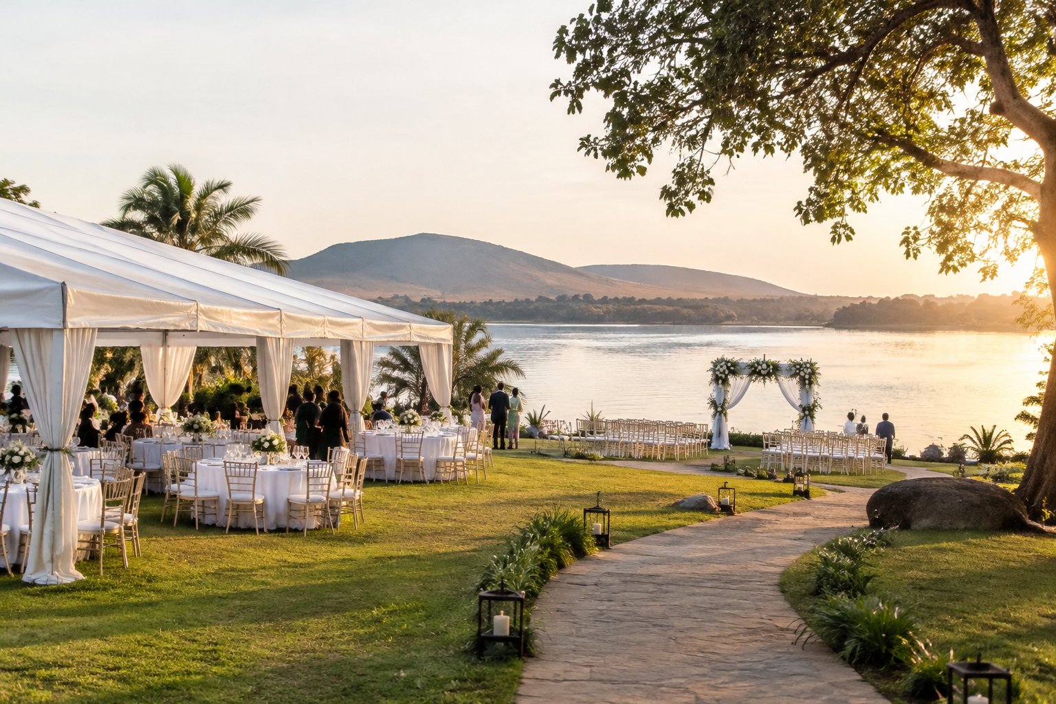 A wedding reception set beside a lake.