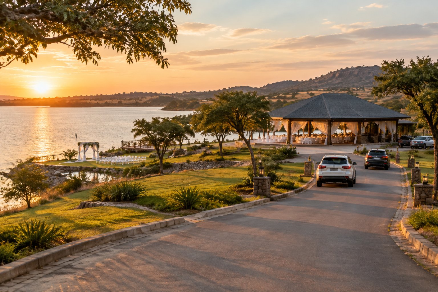 A lakeside wedding venue in Bulawayo beside a calm lake, with an access road and arriving cars.