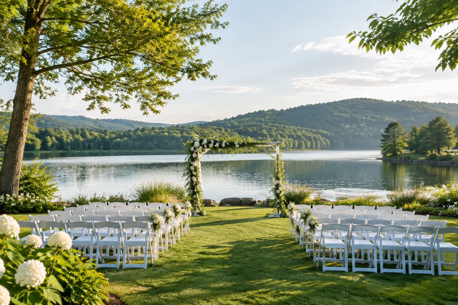 A wedding ceremony setup on a green lawn beside a lake.