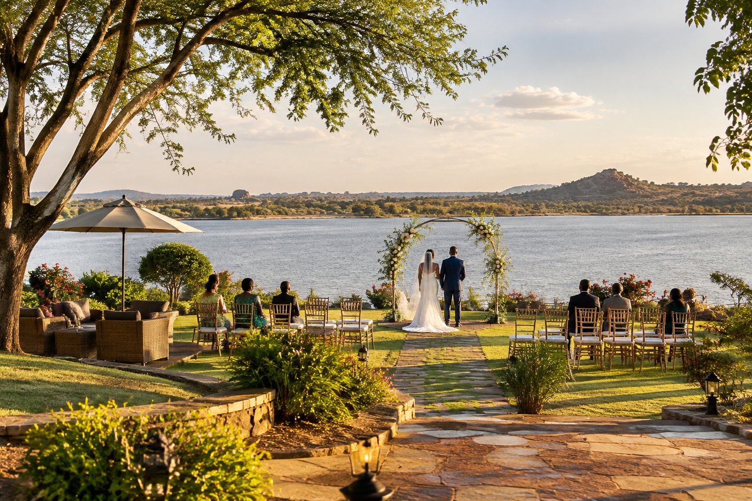 A couple and guests gather for a lakeside wedding ceremony.