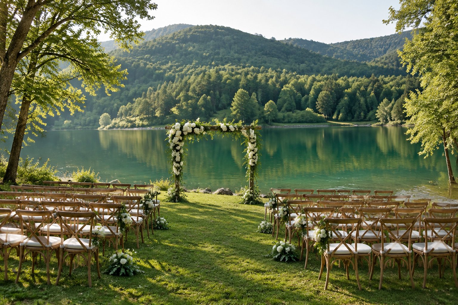 A flower-decorated wedding arch and rows of chairs beside a green lake.