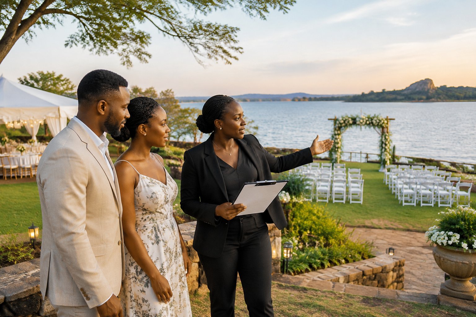 A couple and venue coordinator review a lakeside wedding ceremony setup.