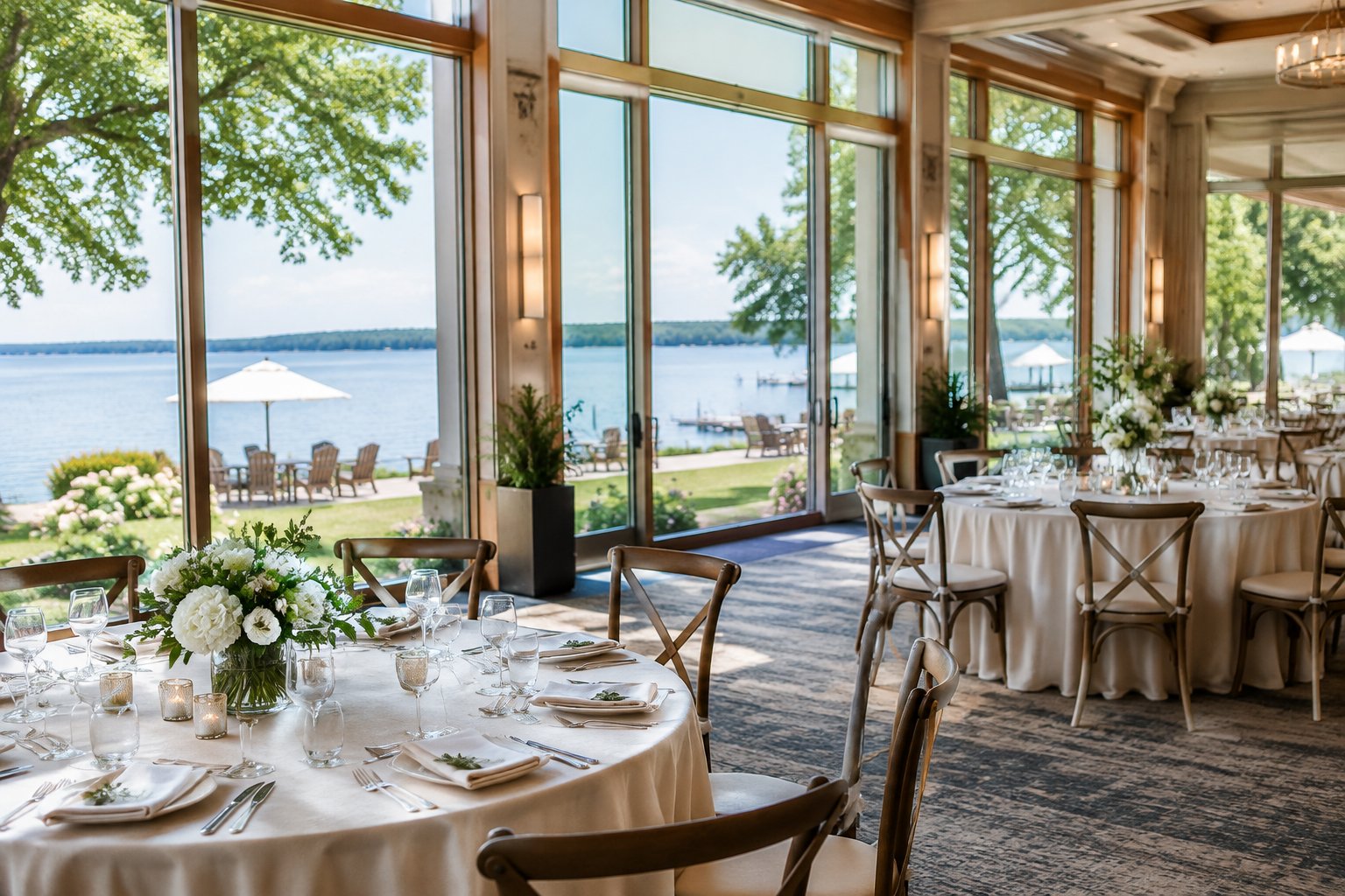 A wedding reception room with set tables overlooking a lake and green shoreline.