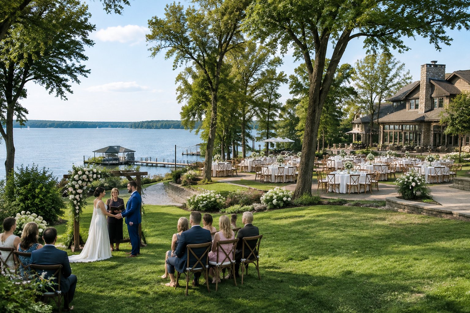 A small wedding ceremony and larger reception setup on a green lakeside lawn.