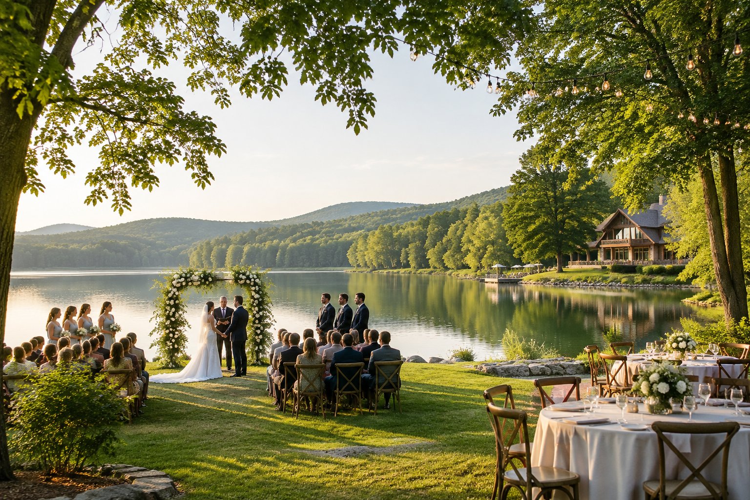 A wedding ceremony and reception beside a tree-lined lake.