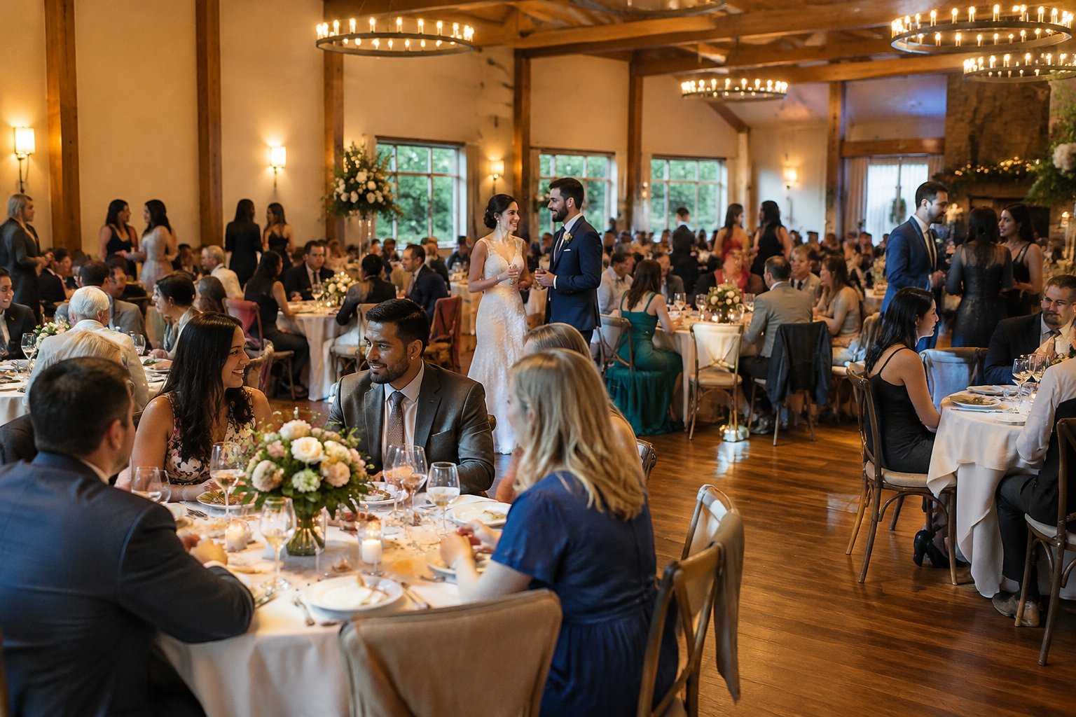 A newlywed couple mingles with guests at a wedding reception.