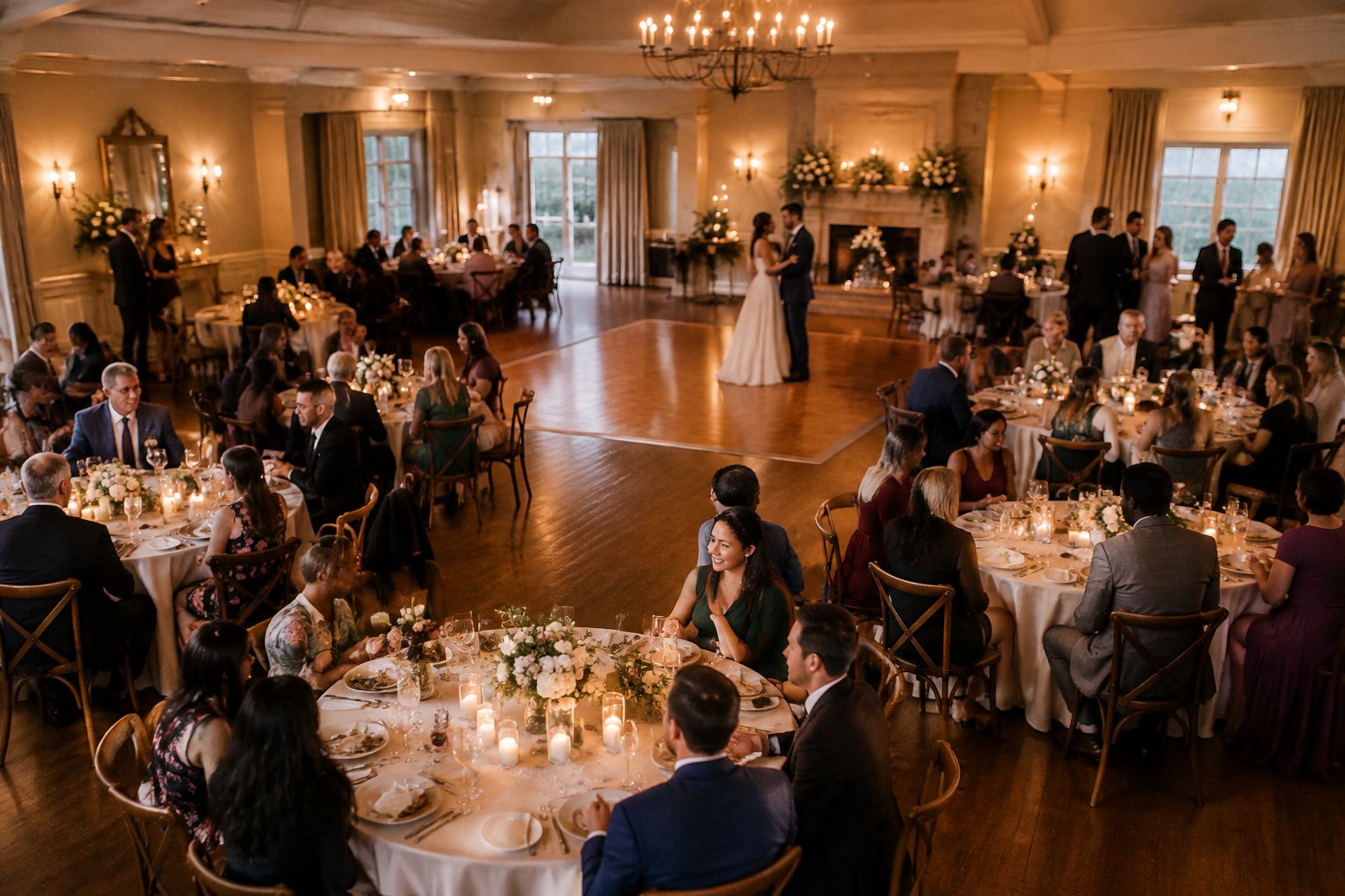 Guests celebrate at a wedding reception with the couple and several dinner tables.