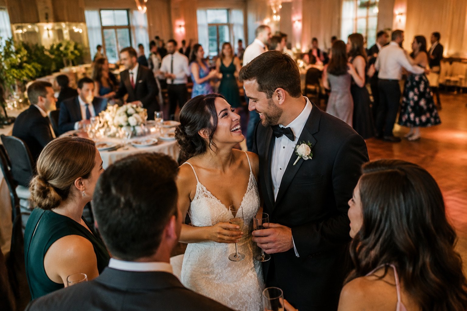 A newly married couple celebrates with guests at a wedding reception.