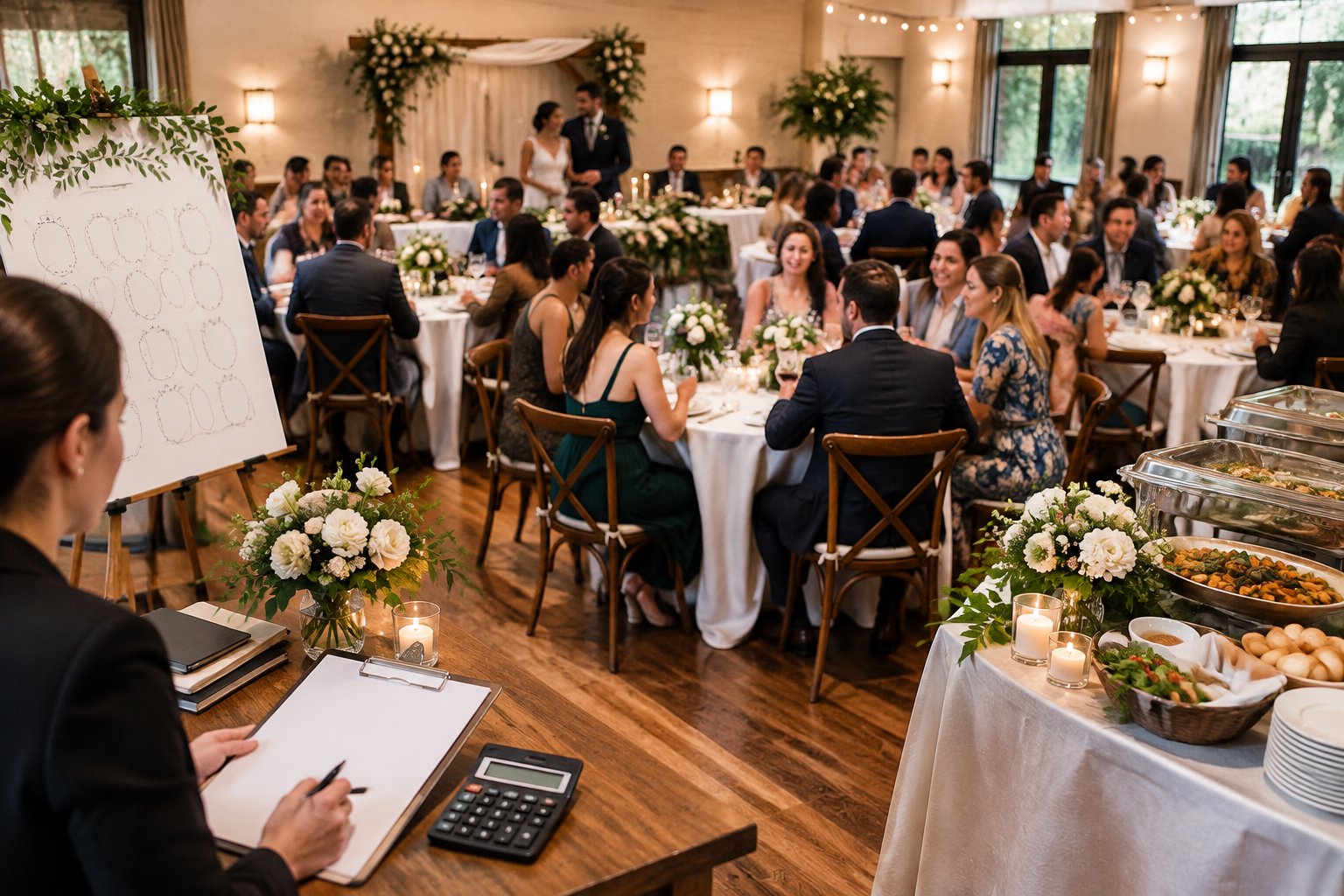 A couple celebrates with guests at a wedding reception while a planner reviews arrangements nearby.