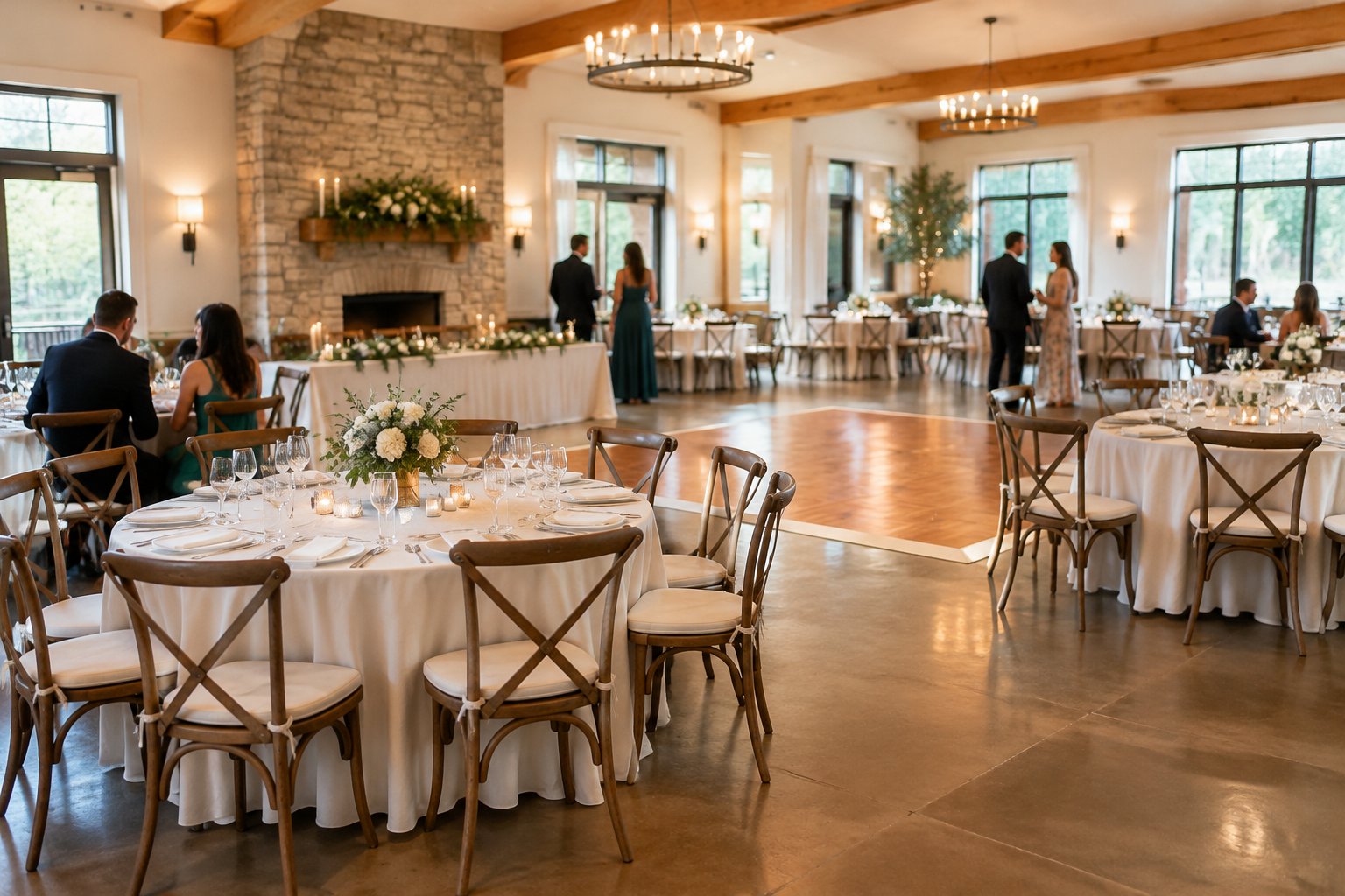 A wedding reception venue with tables and chairs arranged for guests.
