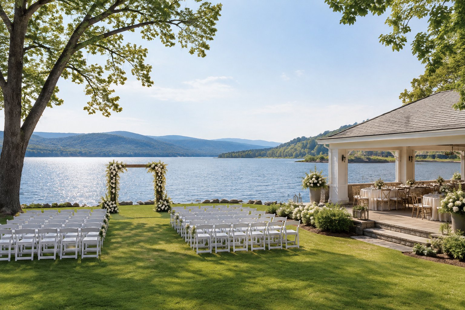A wedding ceremony setup beside a calm lake.