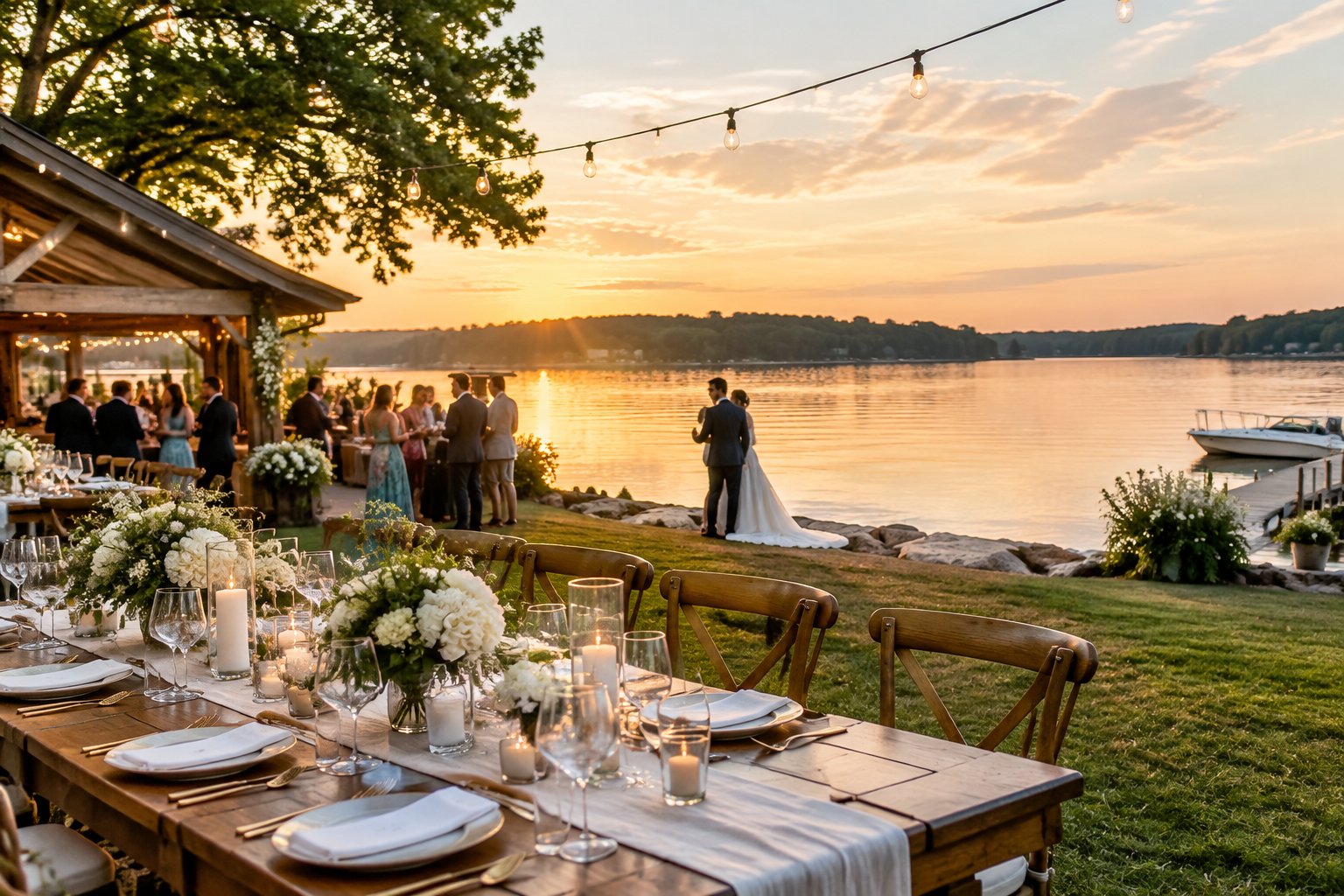 A couple celebrates with guests at a wedding reception beside a lake.
