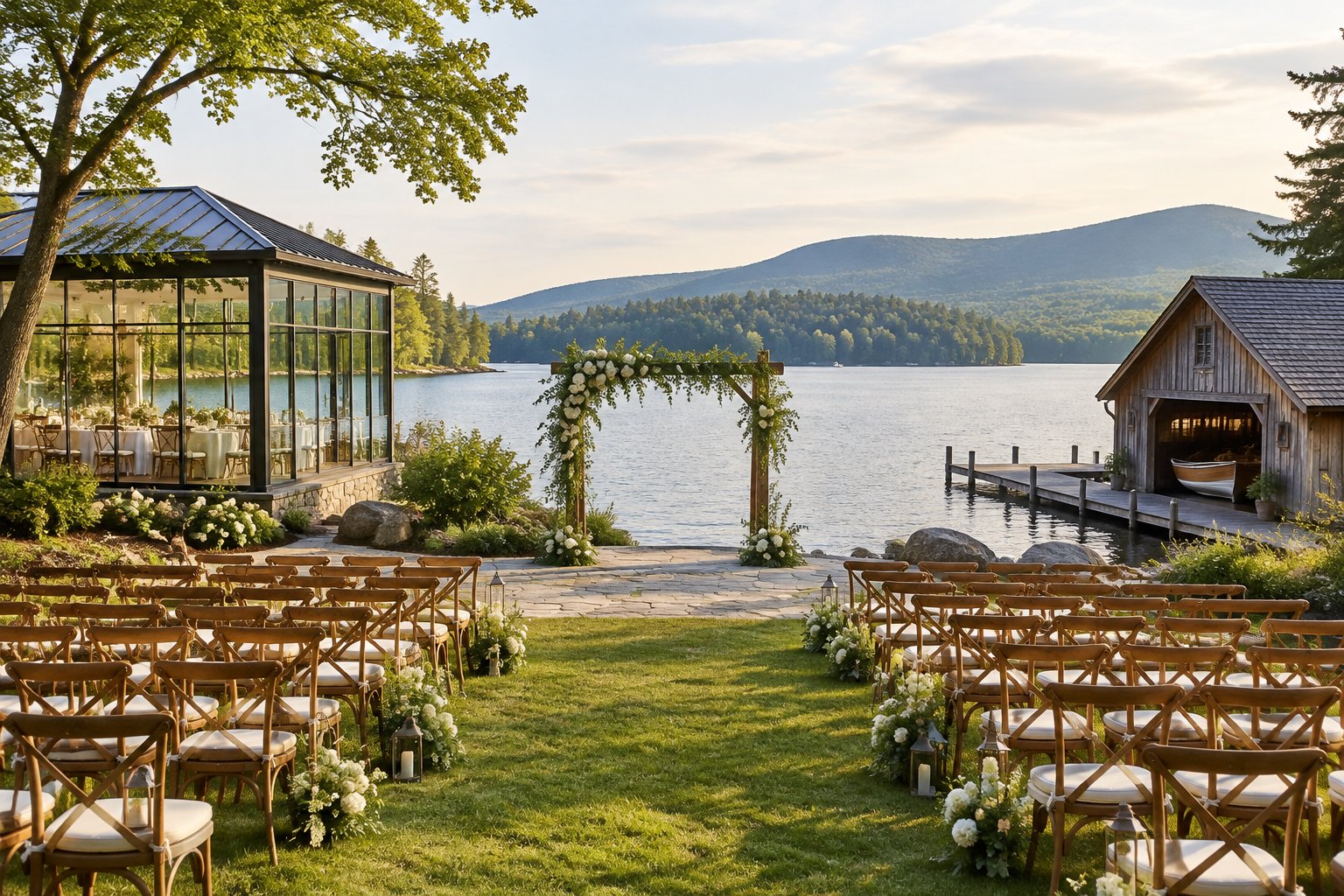 A wedding ceremony setup beside a calm lake, with a pavilion and boathouse nearby.
