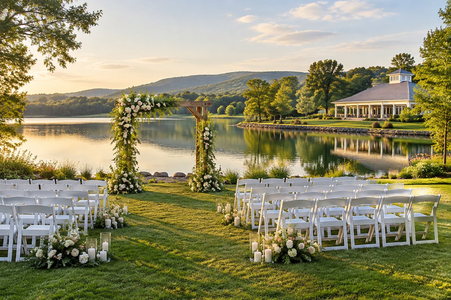 A wedding ceremony setup on a lawn beside a lake.