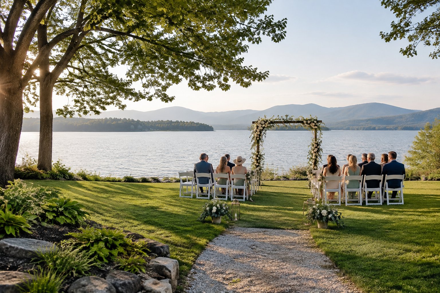 Wedding guests gather beside a lake for an outdoor ceremony.