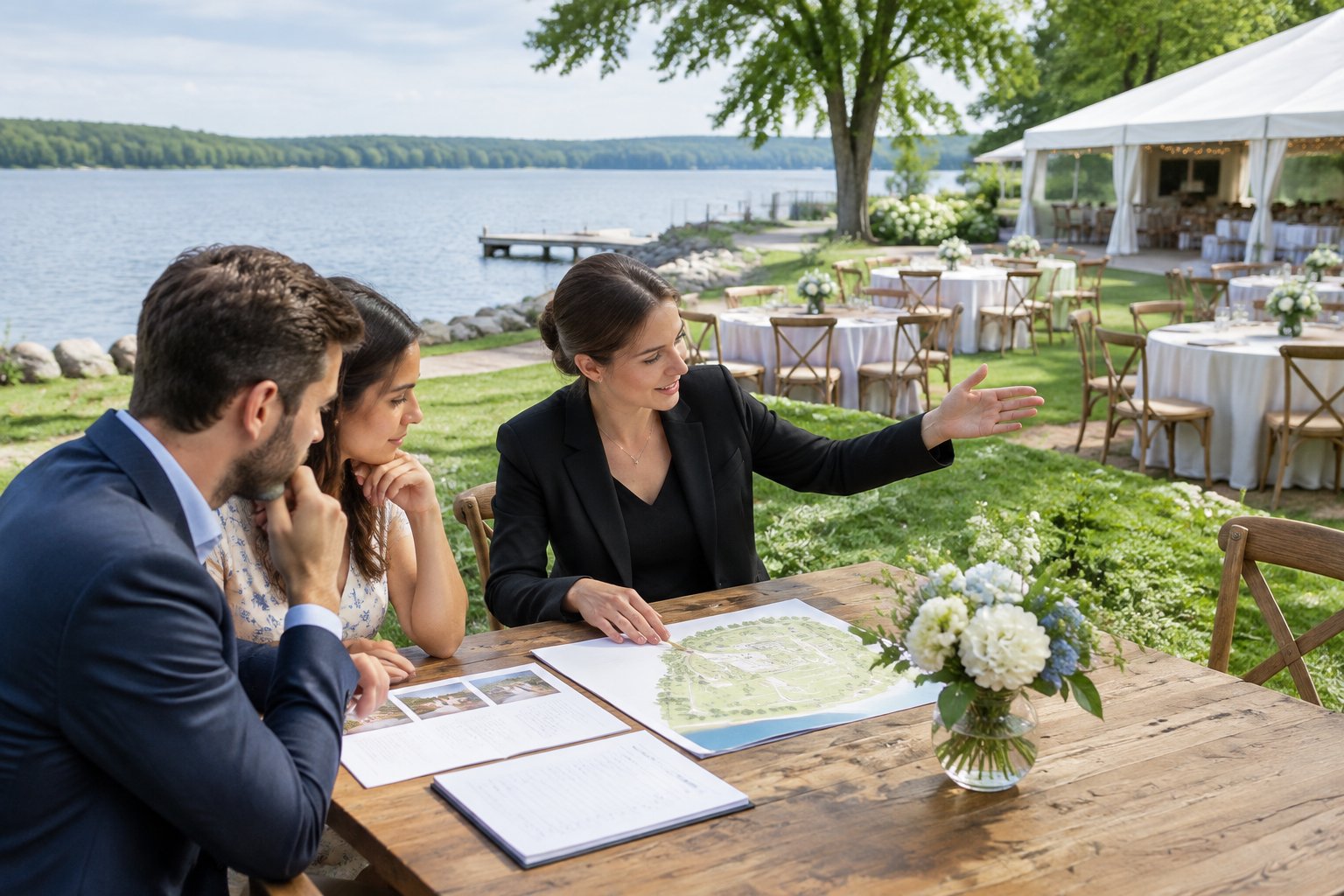 A couple reviews wedding venue plans with a coordinator beside a lakeside reception area.