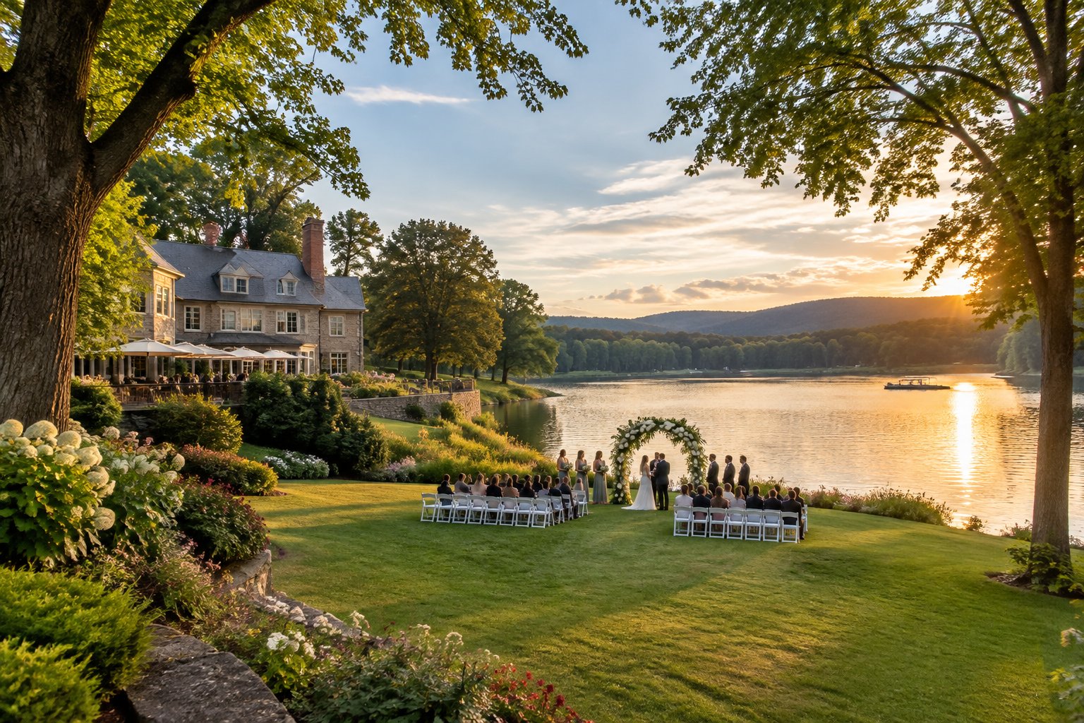An outdoor wedding ceremony beside a lakeside manor.