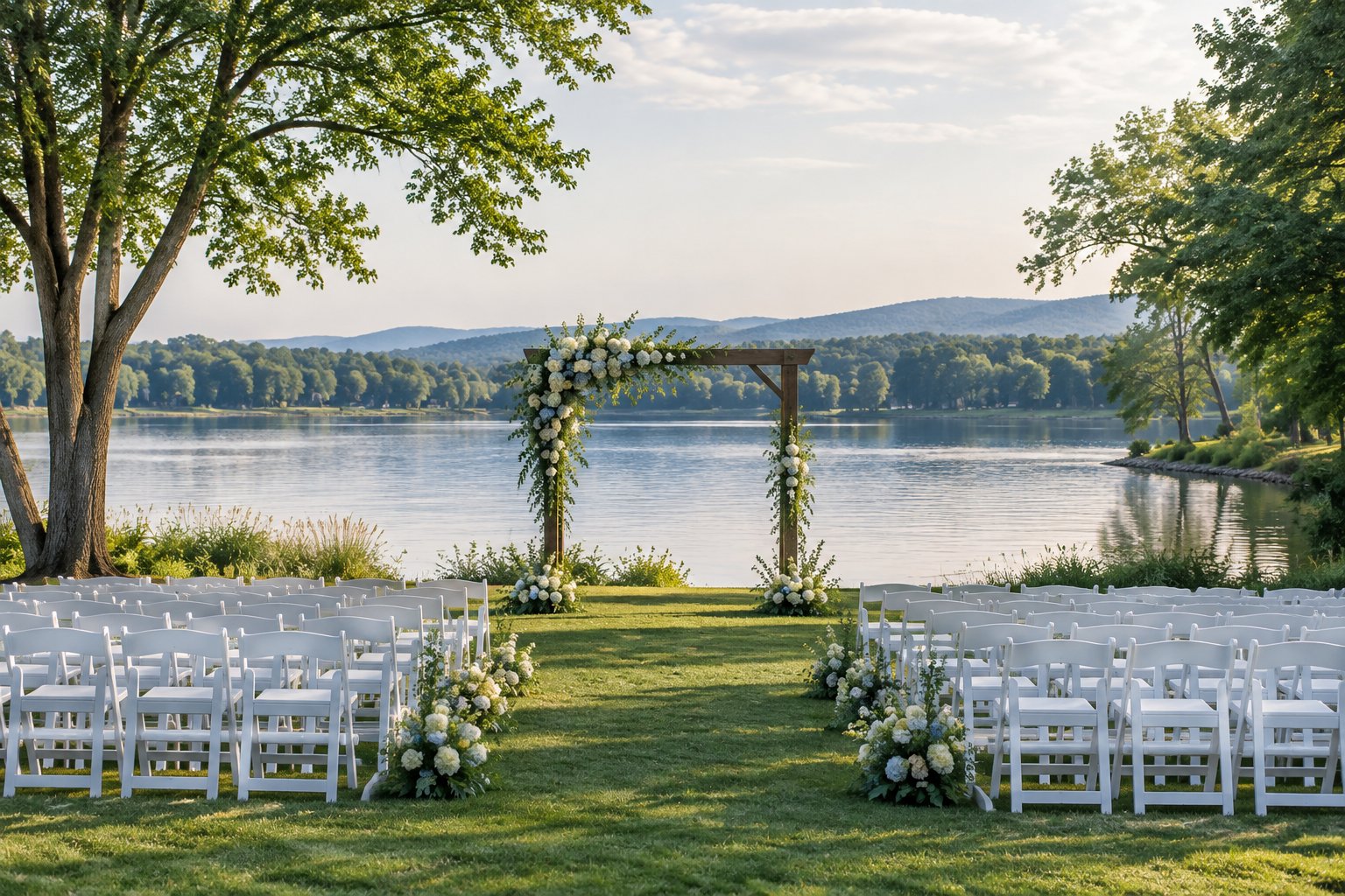 An outdoor wedding ceremony setup on a grassy lawn beside a calm lake.