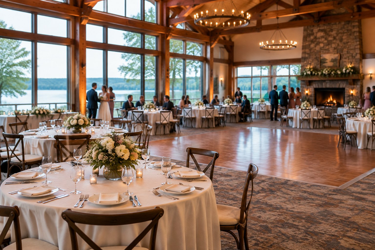 A wedding reception room with guest tables and large windows overlooking a lake.