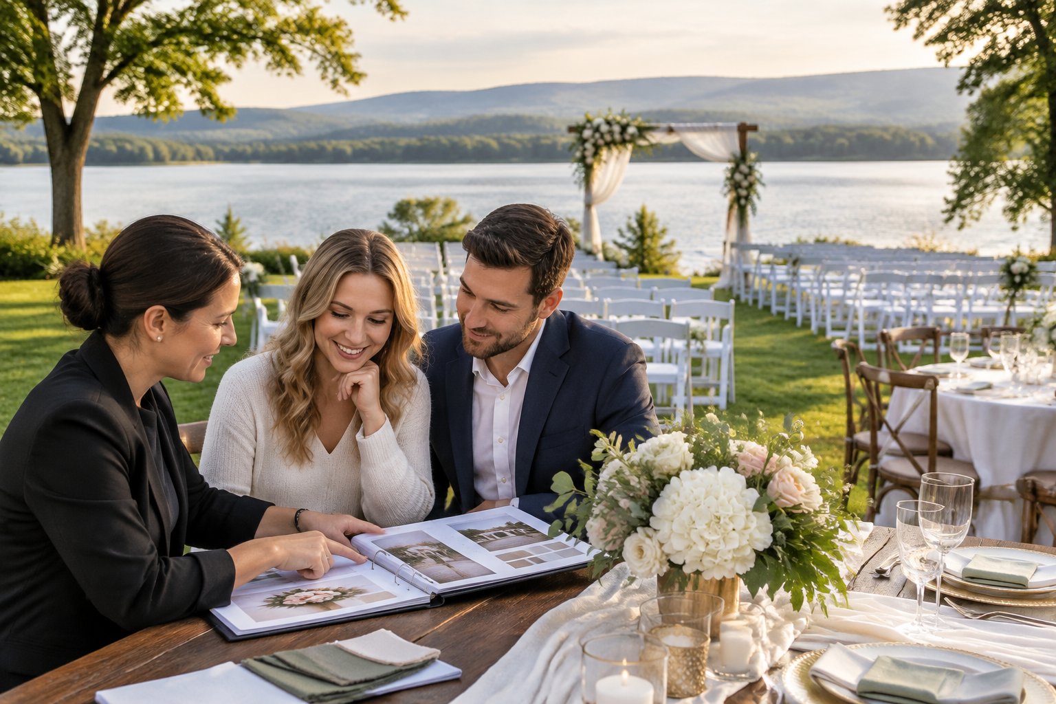 A couple and wedding planner review arrangements beside a lakeside ceremony setup.