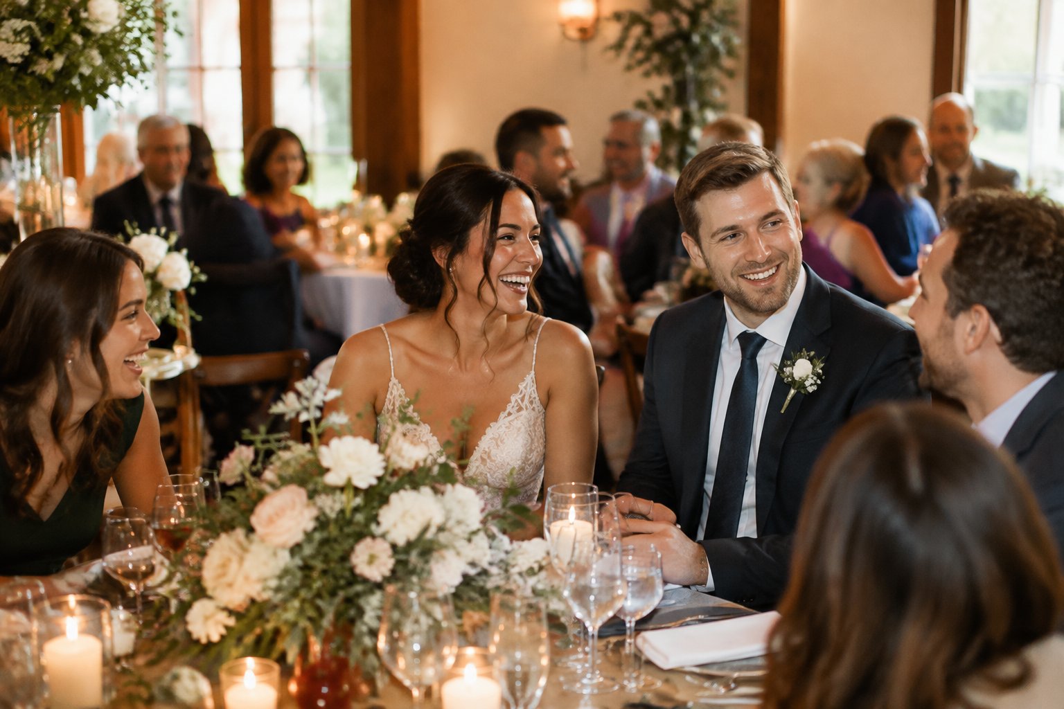 A couple celebrates with guests at a warmly lit wedding reception.
