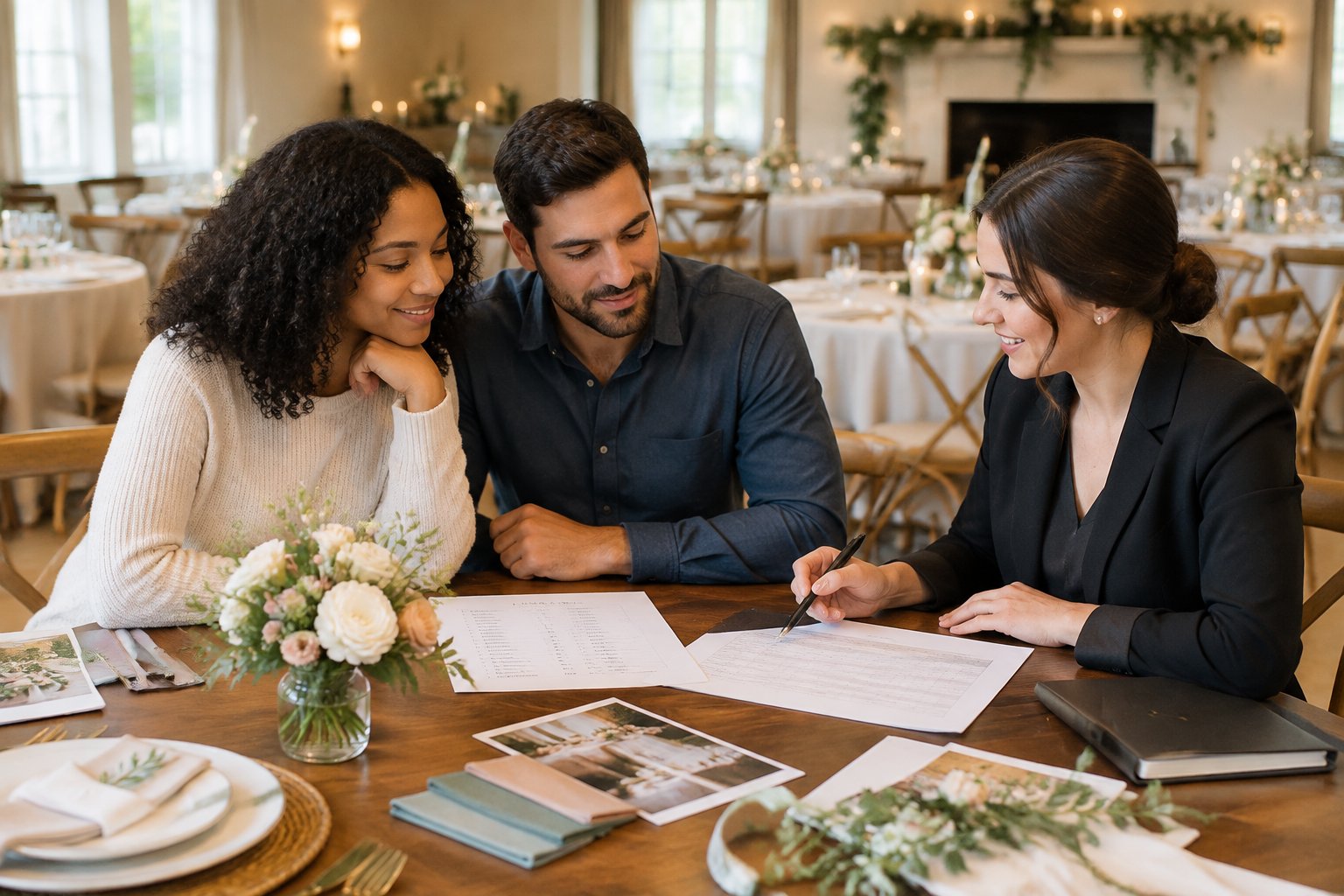 A couple and wedding planner review wedding plans at a table in a small reception venue.