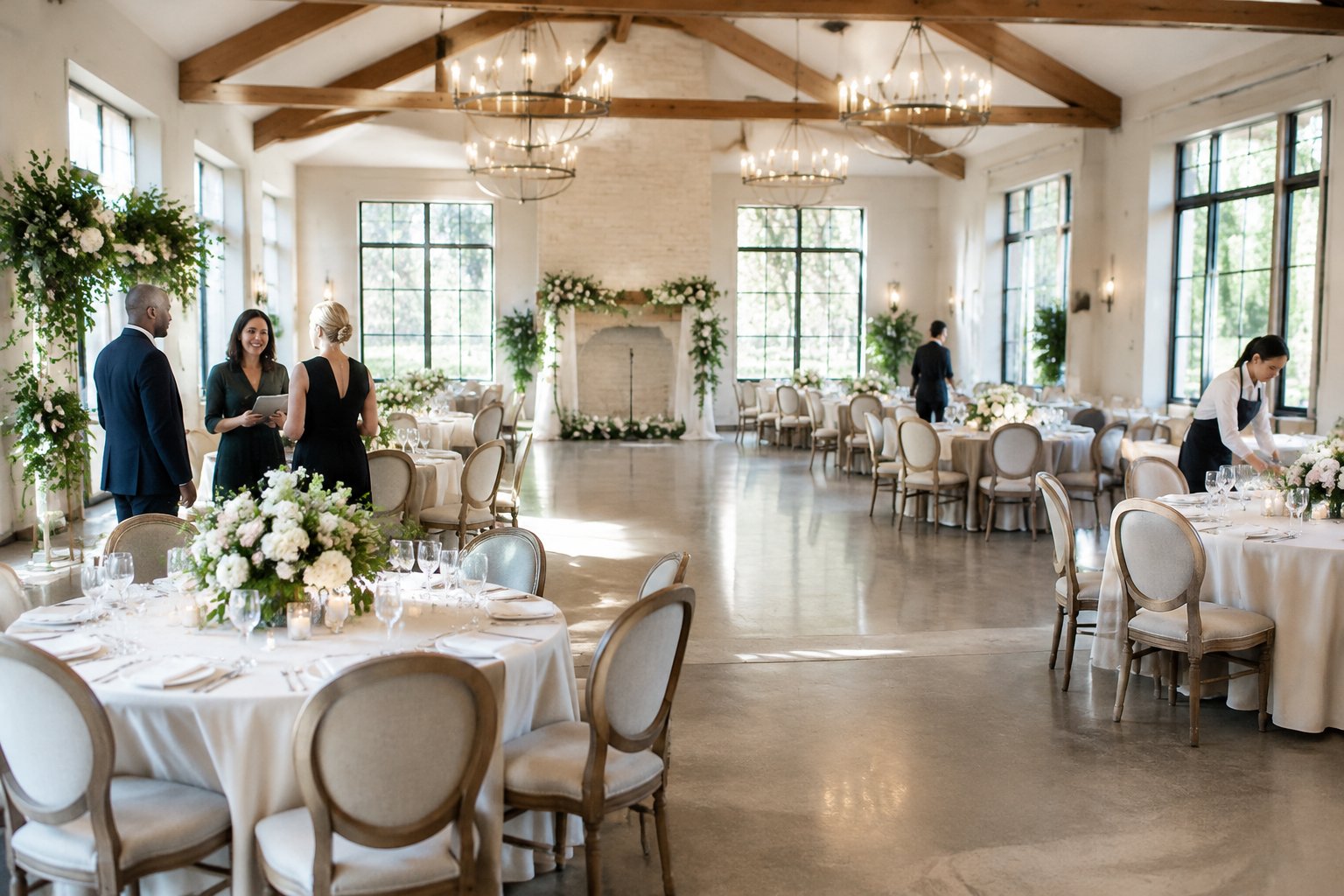 Guests and staff assess a wedding venue arranged with tables and chairs.