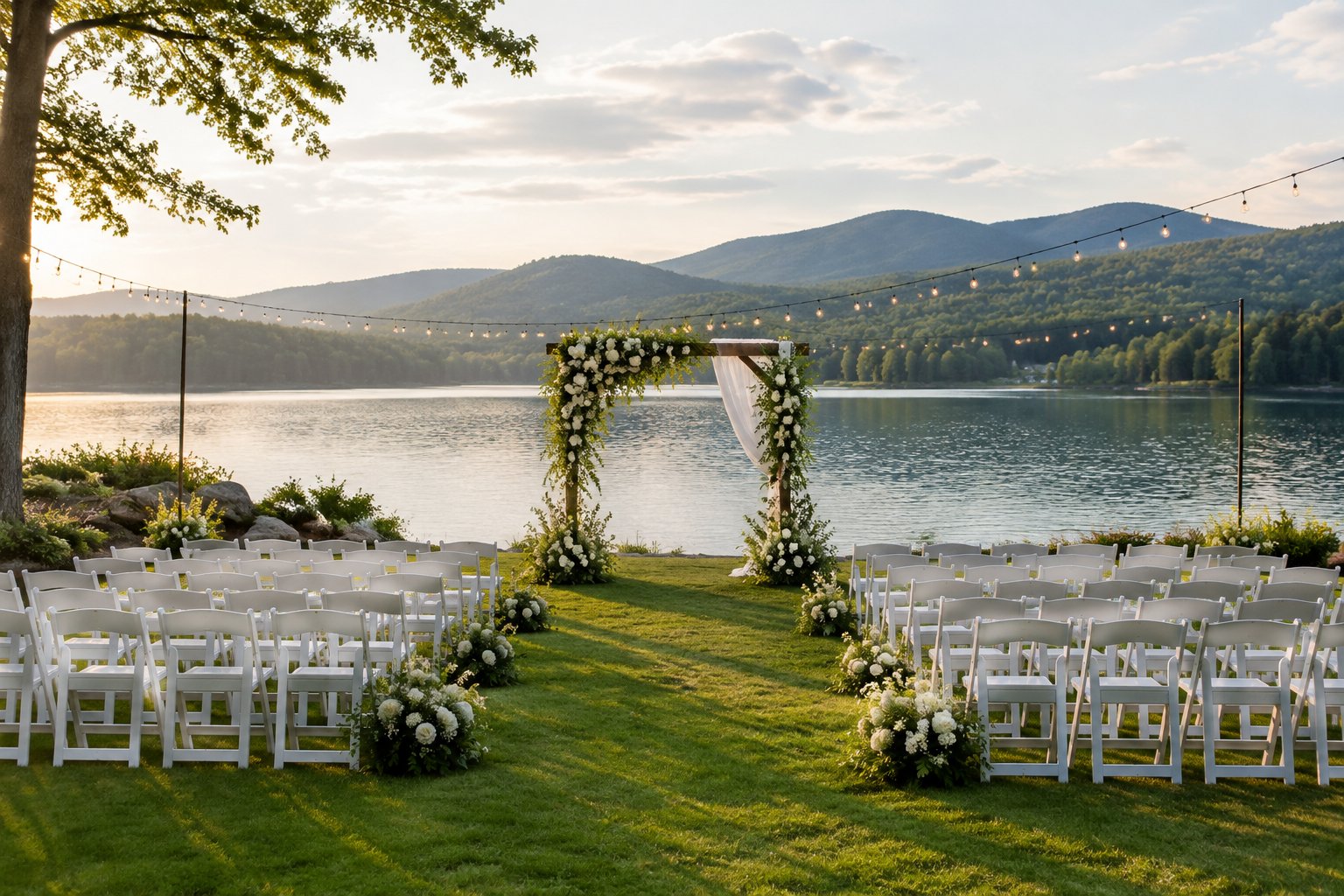 A wedding ceremony setup on a lawn beside a lake.