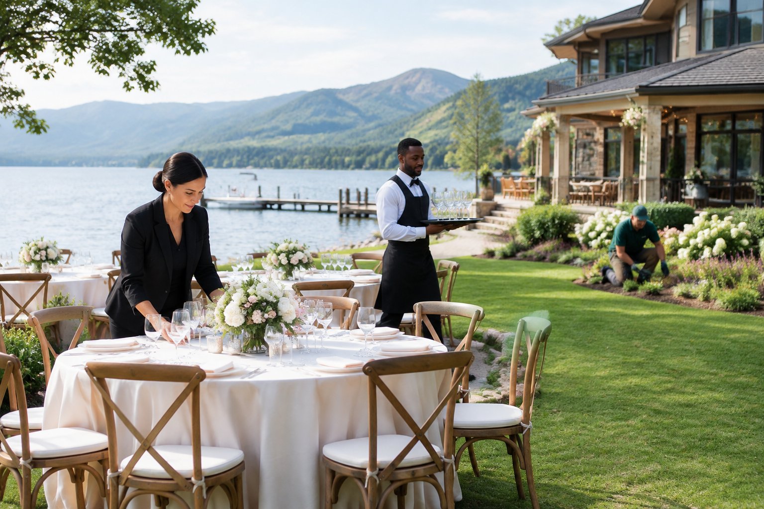 Venue staff prepare tables and gardens beside a lake.