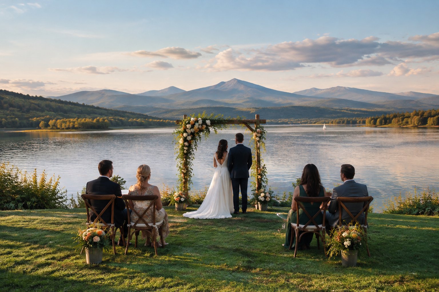 A couple stands by a lake during an outdoor wedding ceremony.