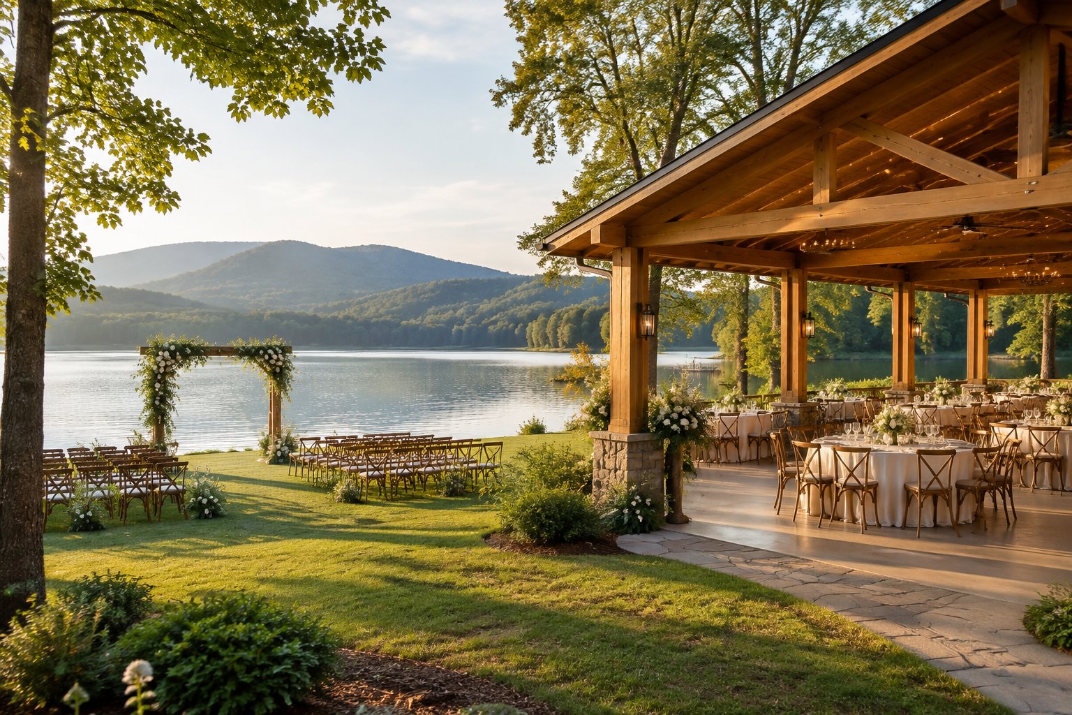 A decorated wedding reception beside a calm lake.