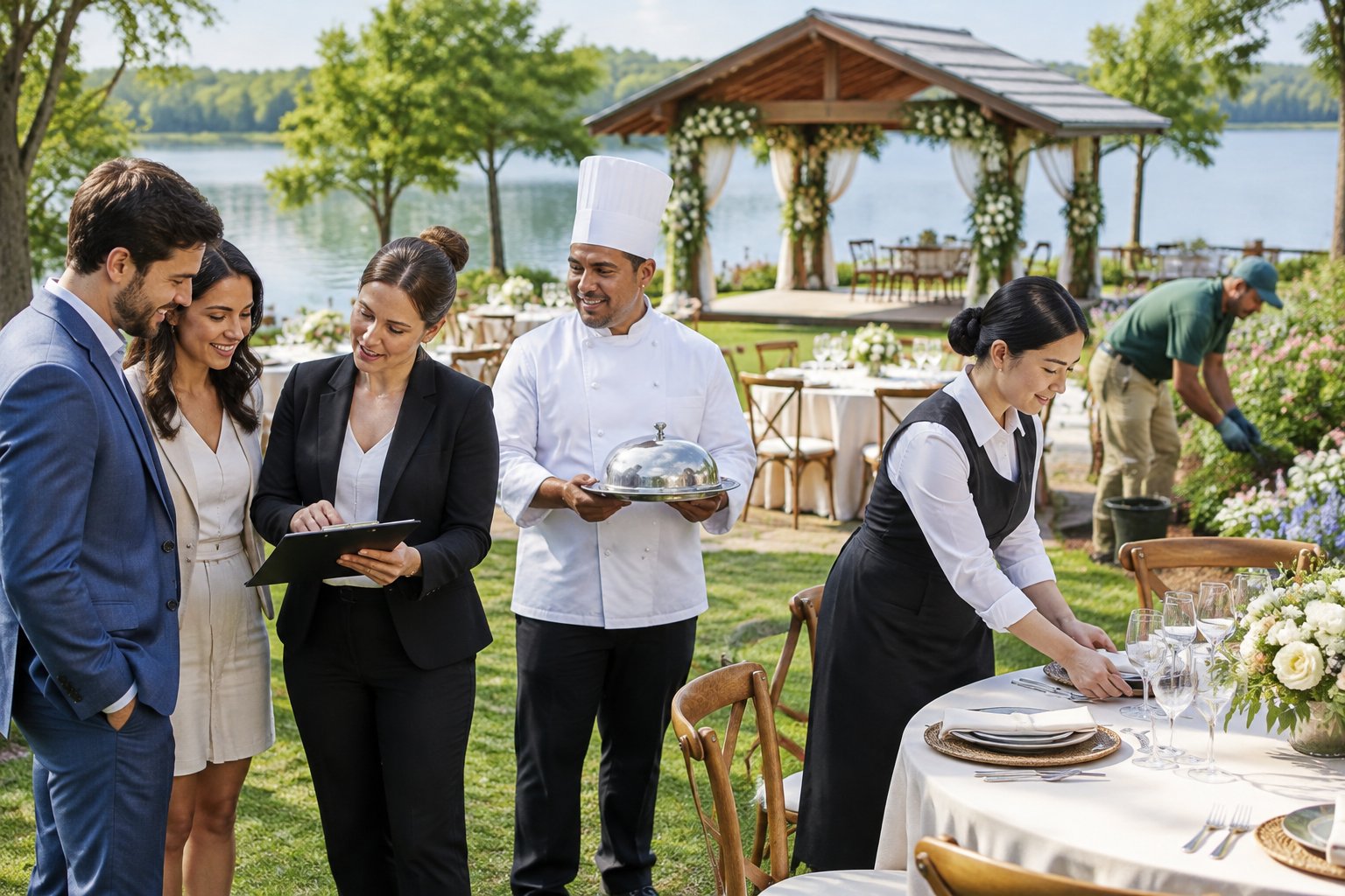 Wedding venue staff collaborate beside a lakeside reception area.