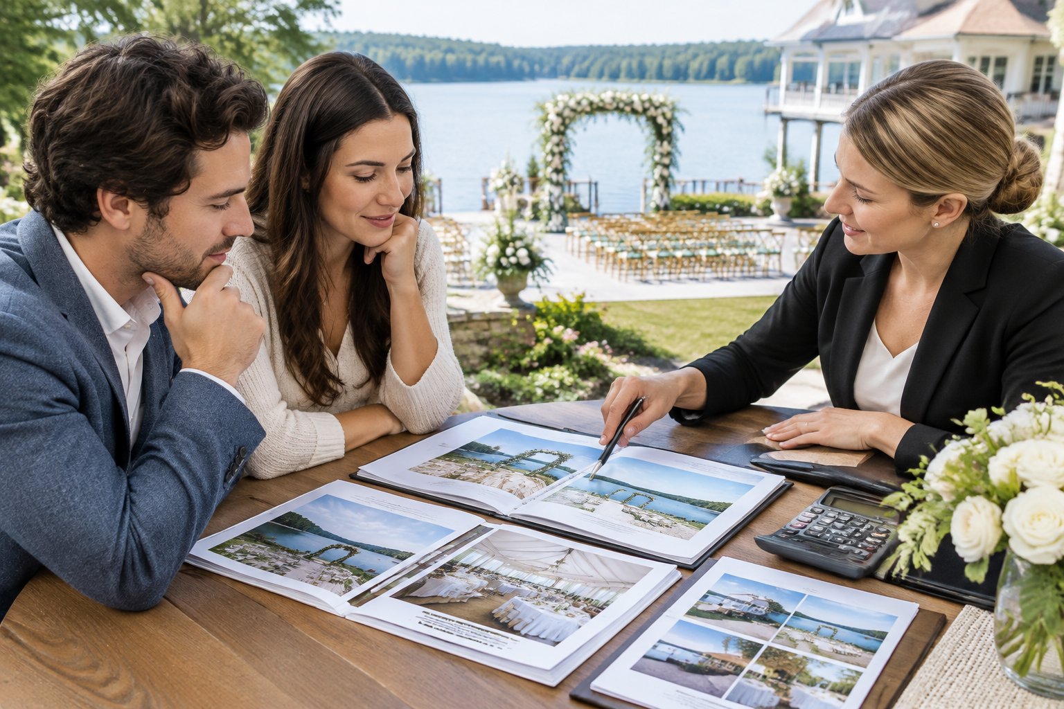 A couple reviews wedding venue brochures with a planner at a table overlooking a lake.