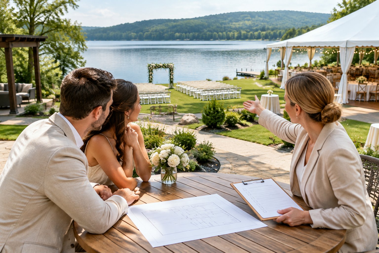 A couple and venue coordinator review a plan beside a lakeside wedding ceremony setup.