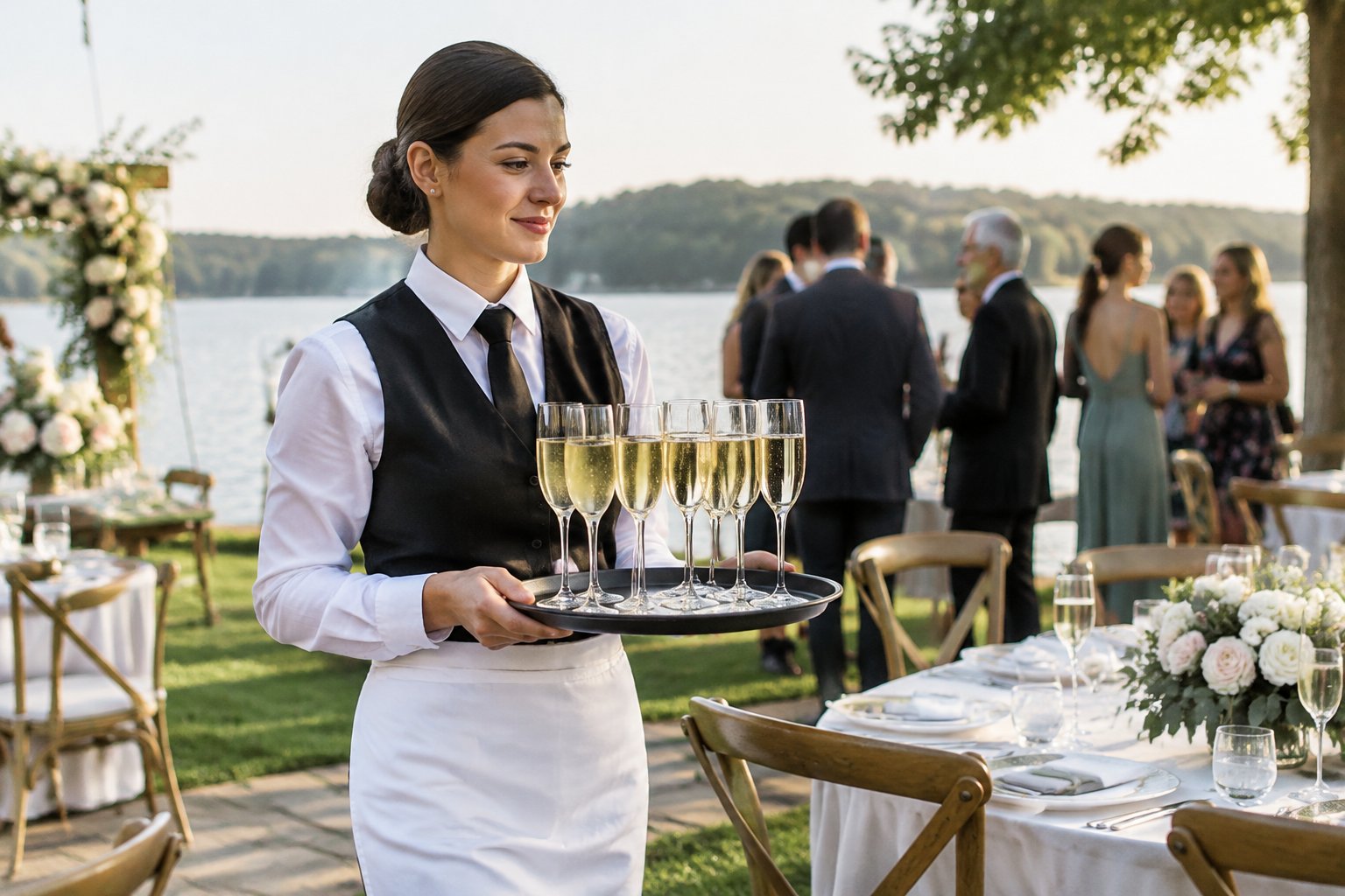 A wedding server carries a tray of champagne beside a lakeside reception.