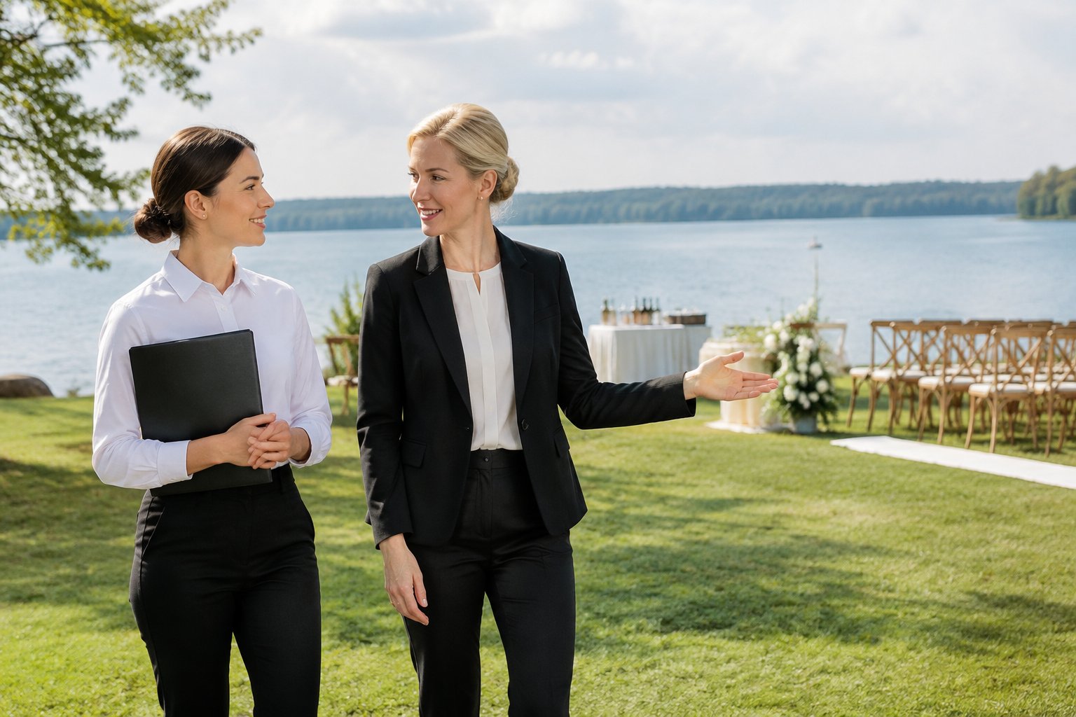 A venue coordinator discusses a job with a prospective staff member beside a lakeside wedding setup.