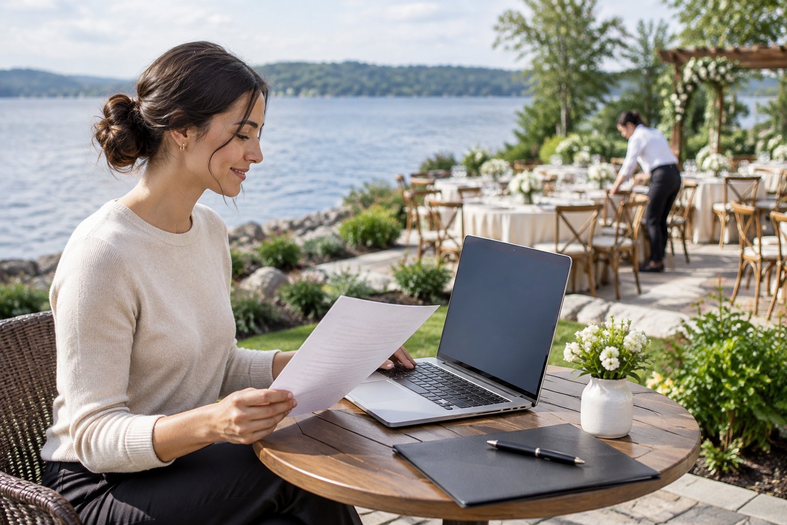 A job seeker reviews a résumé on a laptop beside a lake near a wedding venue.