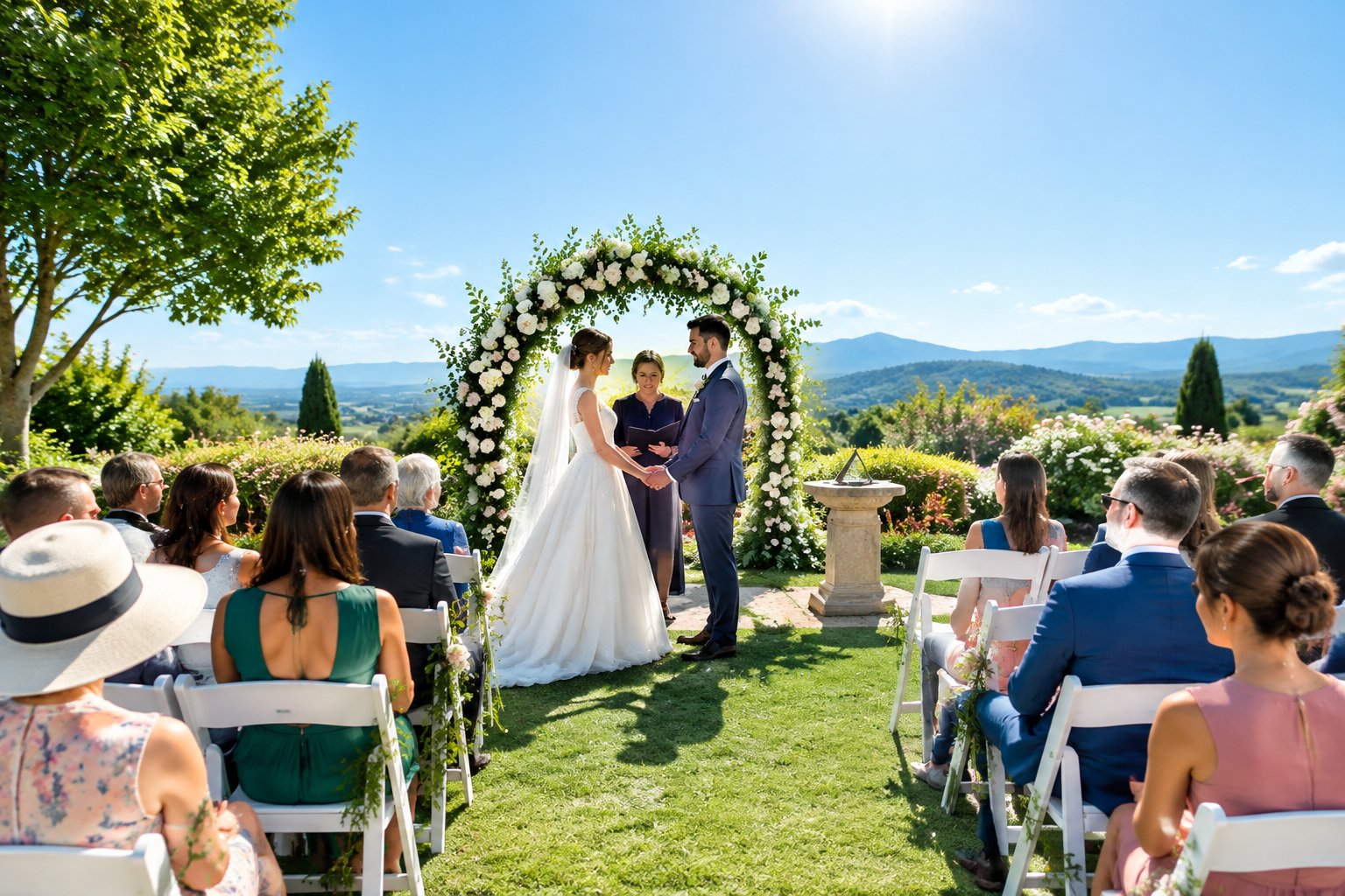 A couple exchanges vows beneath a floral arch at a sunlit outdoor wedding.